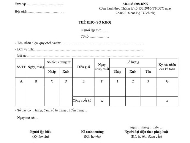 Bản mẫu thẻ kho thường được sử dụng tại các doanh nghiệp