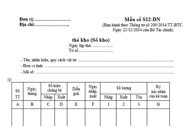 Bảng thông tin chi tiết của thẻ kho